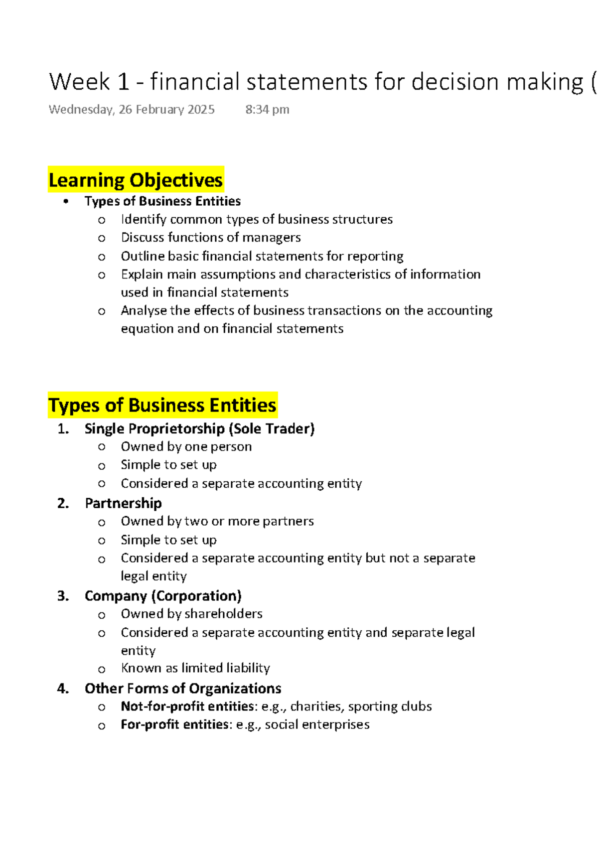 Week 1 - financial statements for decision making (chp2) - Learning ...