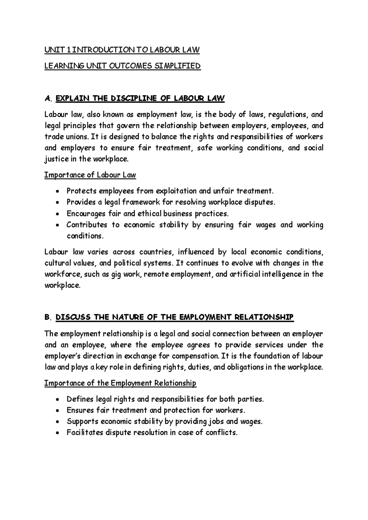 ILL UNIT 1 Intro TO Labour LAW 1 - UNIT 1 INTRODUCTION TO LABOUR LAW ...