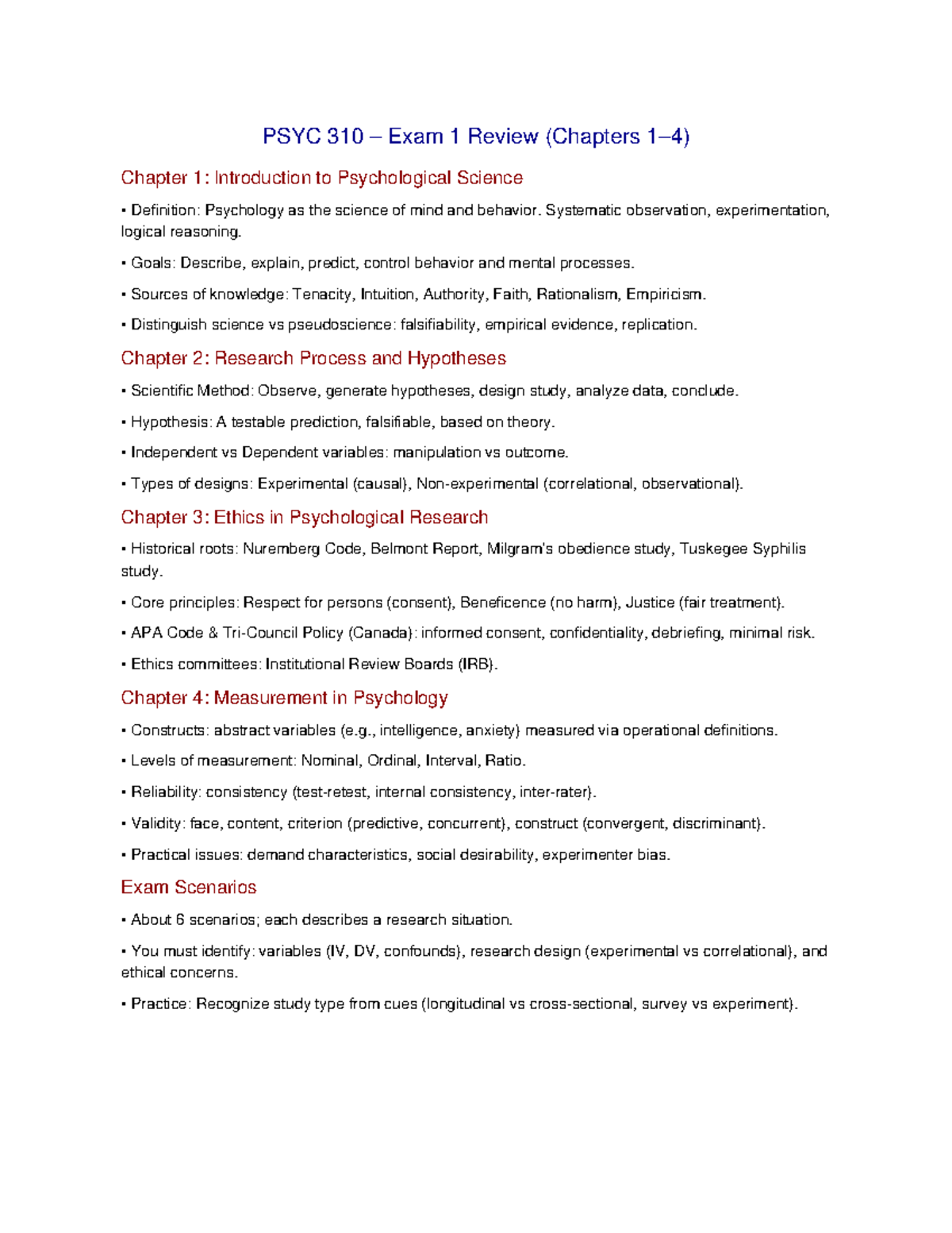 PSYC 310 Exam 1 Study Guide: Key Concepts & Research Ethics - Studocu