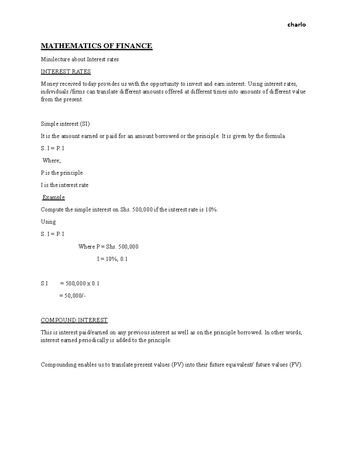Mathematics of Finance (FM) Notes - Interest Rates & Cash Flows 2023 ...