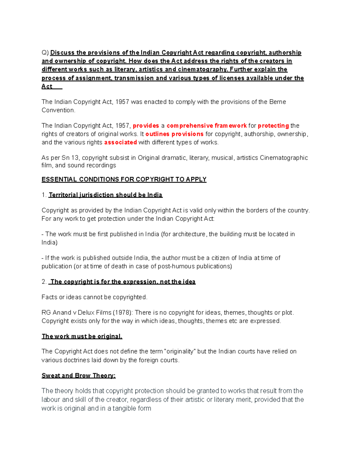 ANS IPR - Consolidated notes on the copyright act - Q) Discuss the ...