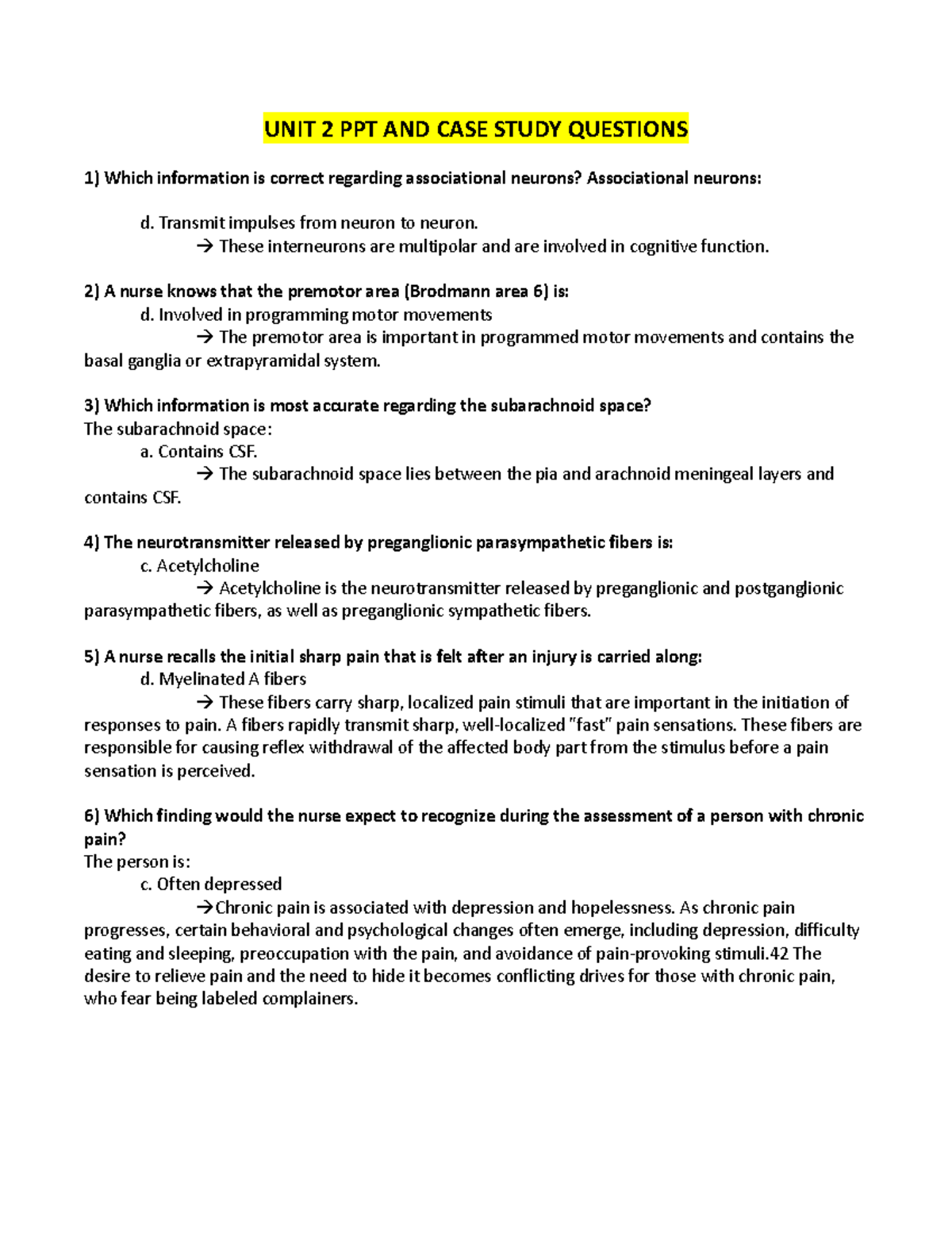 UNIT 2 Case Study Questions & PPT Notes: Neurologic System Insights ...