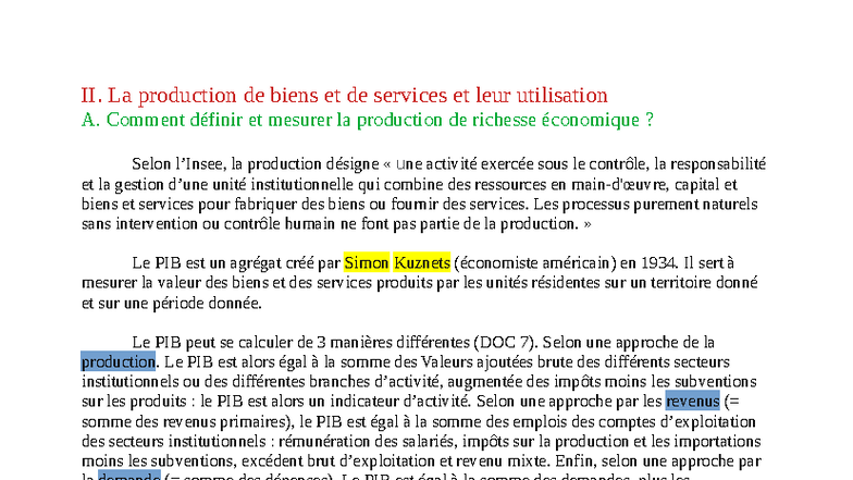 II. La production de richesse économique et ses mesures - Studocu