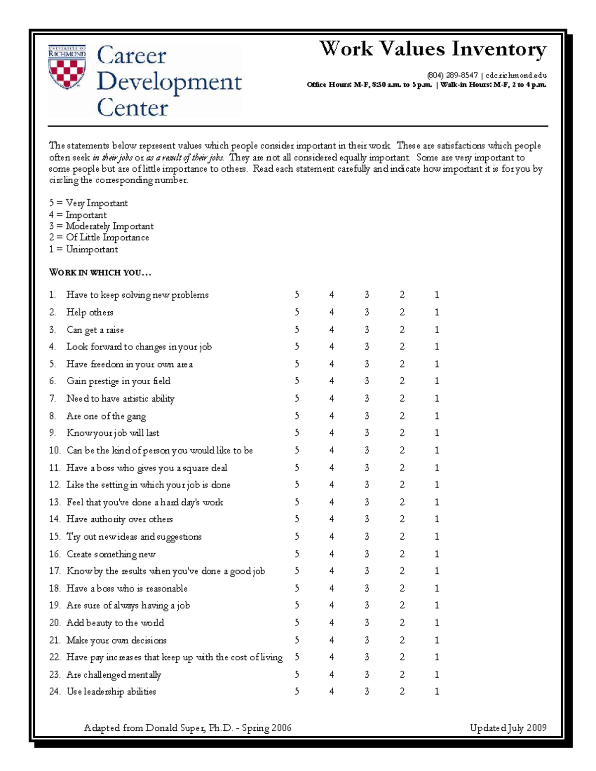 Work Values Inventory (804) - Assessment of Job Importance - Studocu