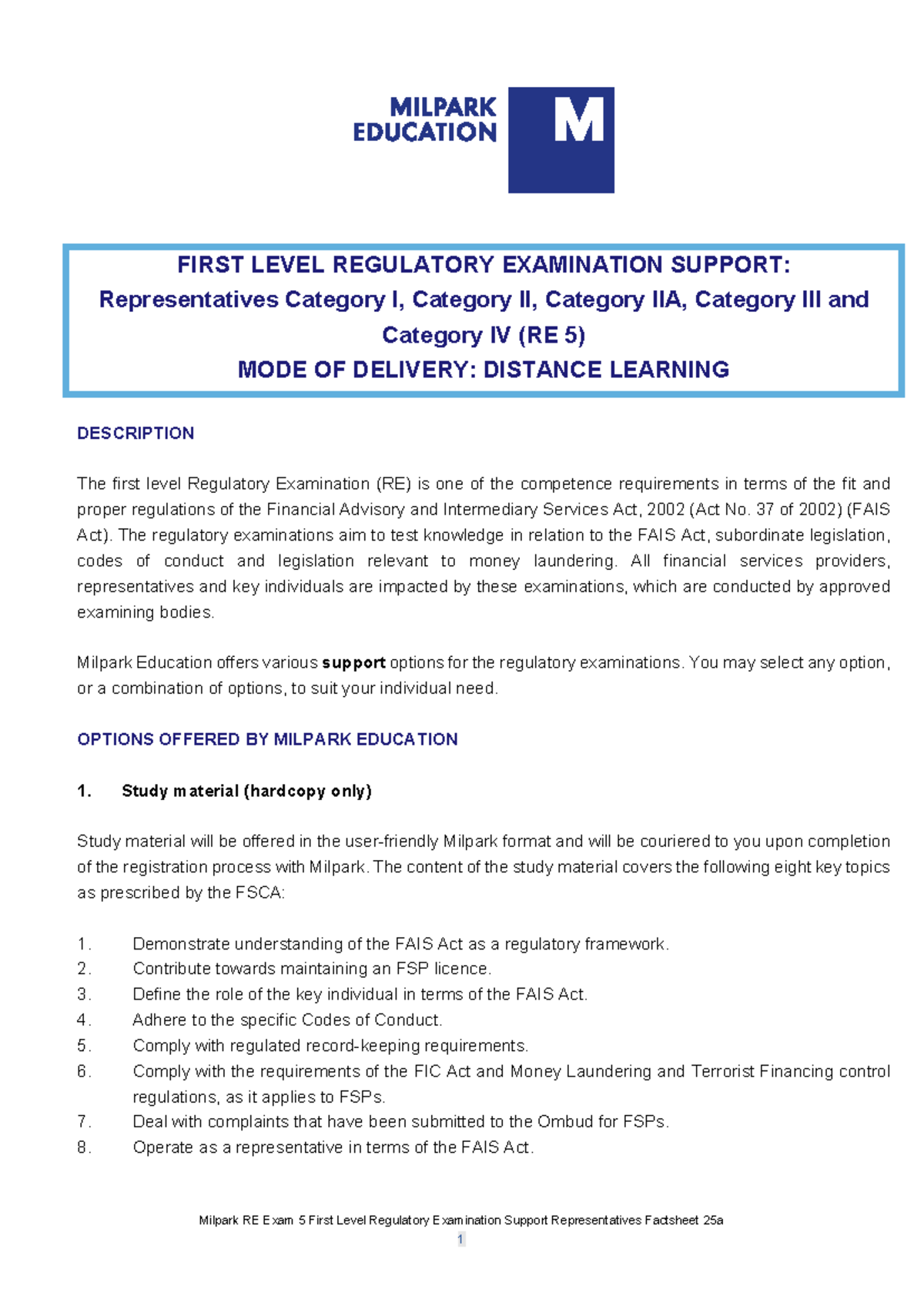 Milpark RE 5 First Level Regulatory Exam Support for Representatives ...
