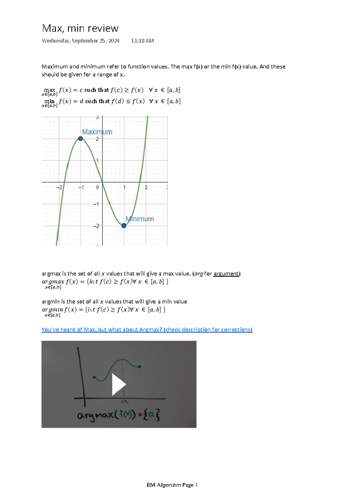 EM Algorithm - Maximum and minimum refer to function values. The max f ...