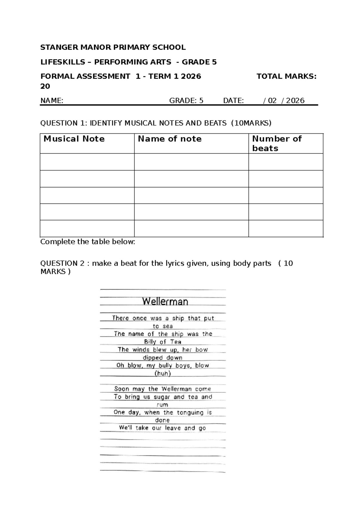 Lifeskills Performing Arts Grade 5 Formal Assessment 1 Term 1 2026 ...