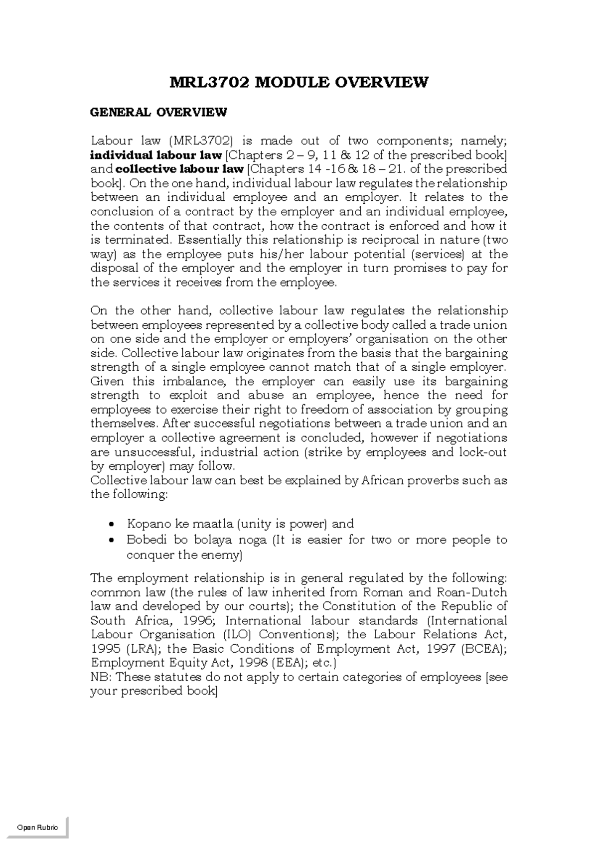 MRL3702 Labour Law Overview: Chapters 2-9, 11 & 12 Summary - Studocu