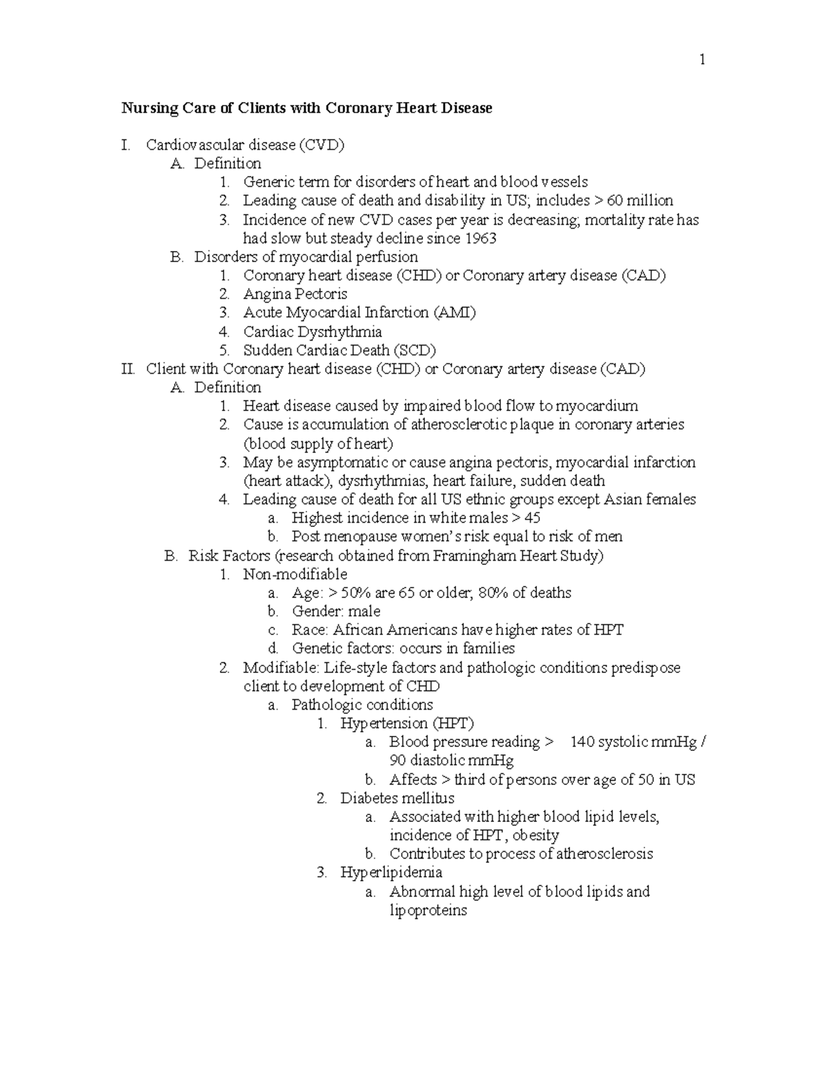CVS-II: Nursing Care Notes for Coronary Heart Disease Management - Studocu