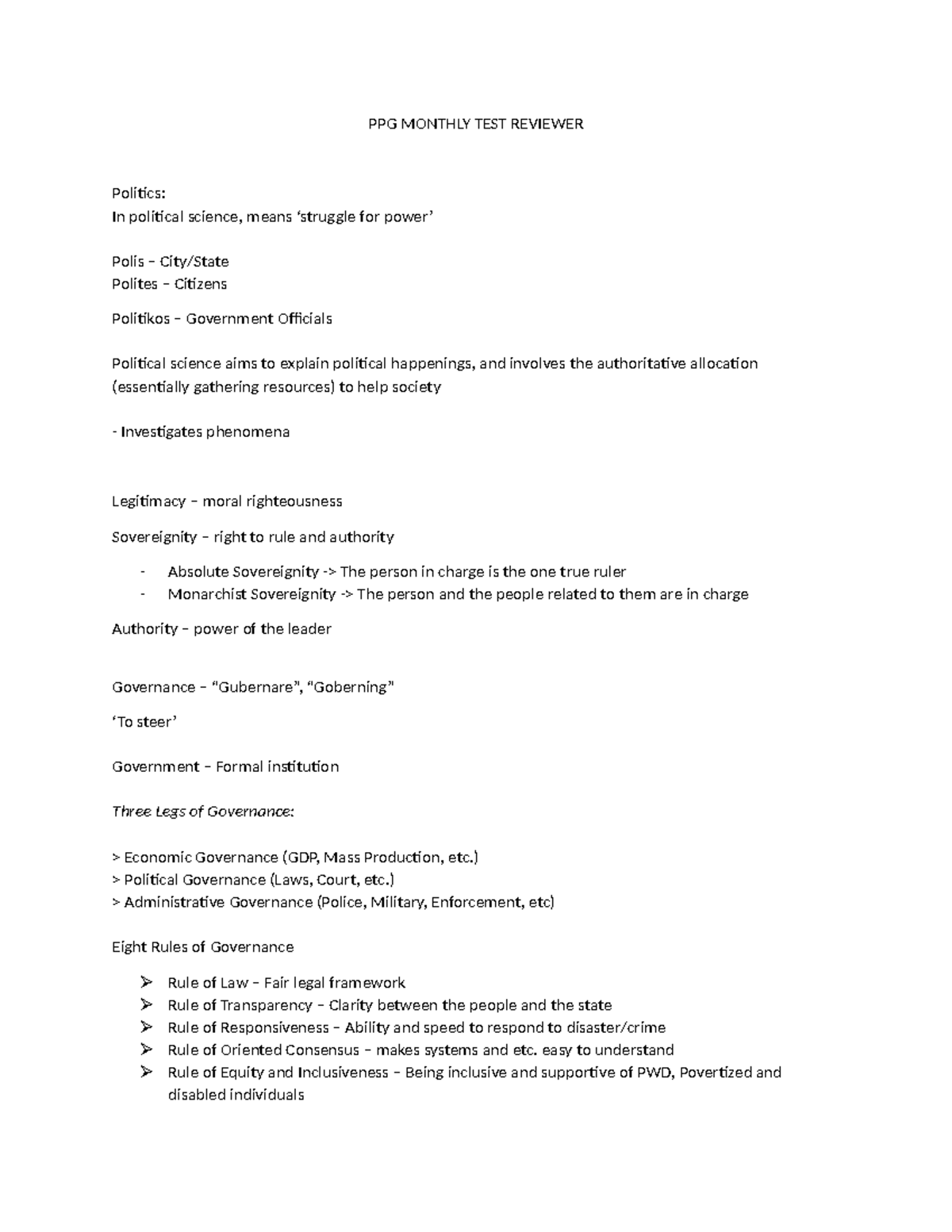 PPG- Monthly Test Reviewer: Key Concepts in Political Science - Studocu
