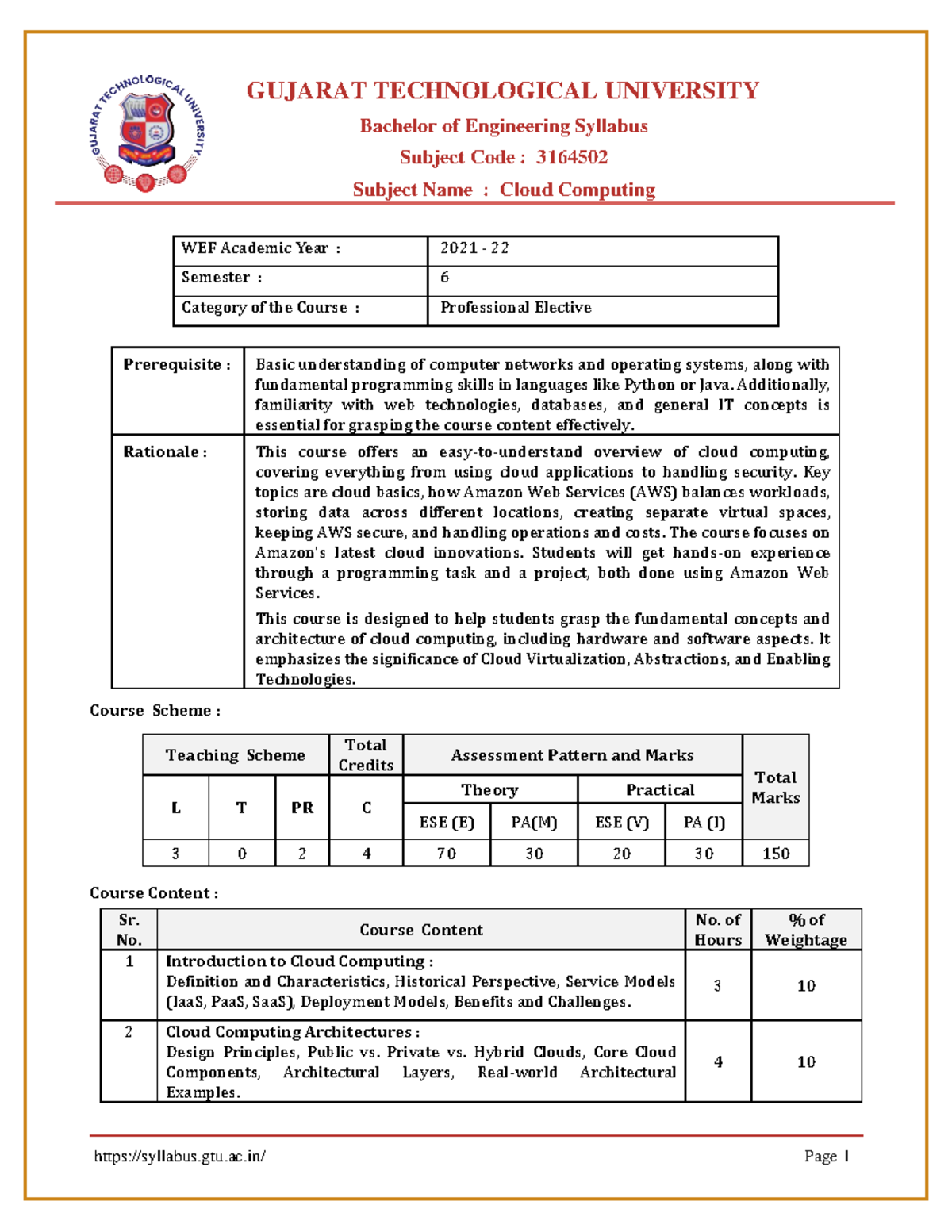 3164502 Cloud Computing Course Syllabus Overview 2021-22 - Studocu