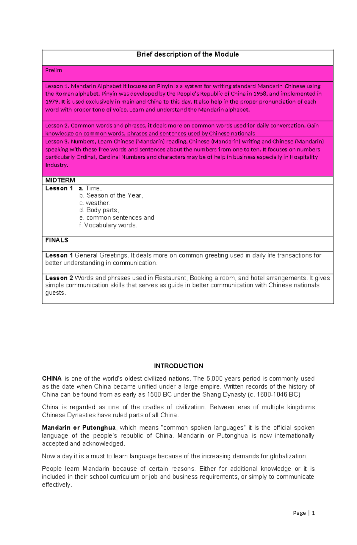 FL 1 2020: Mandarin Language Learning Modules - Prelim to Finals - Studocu