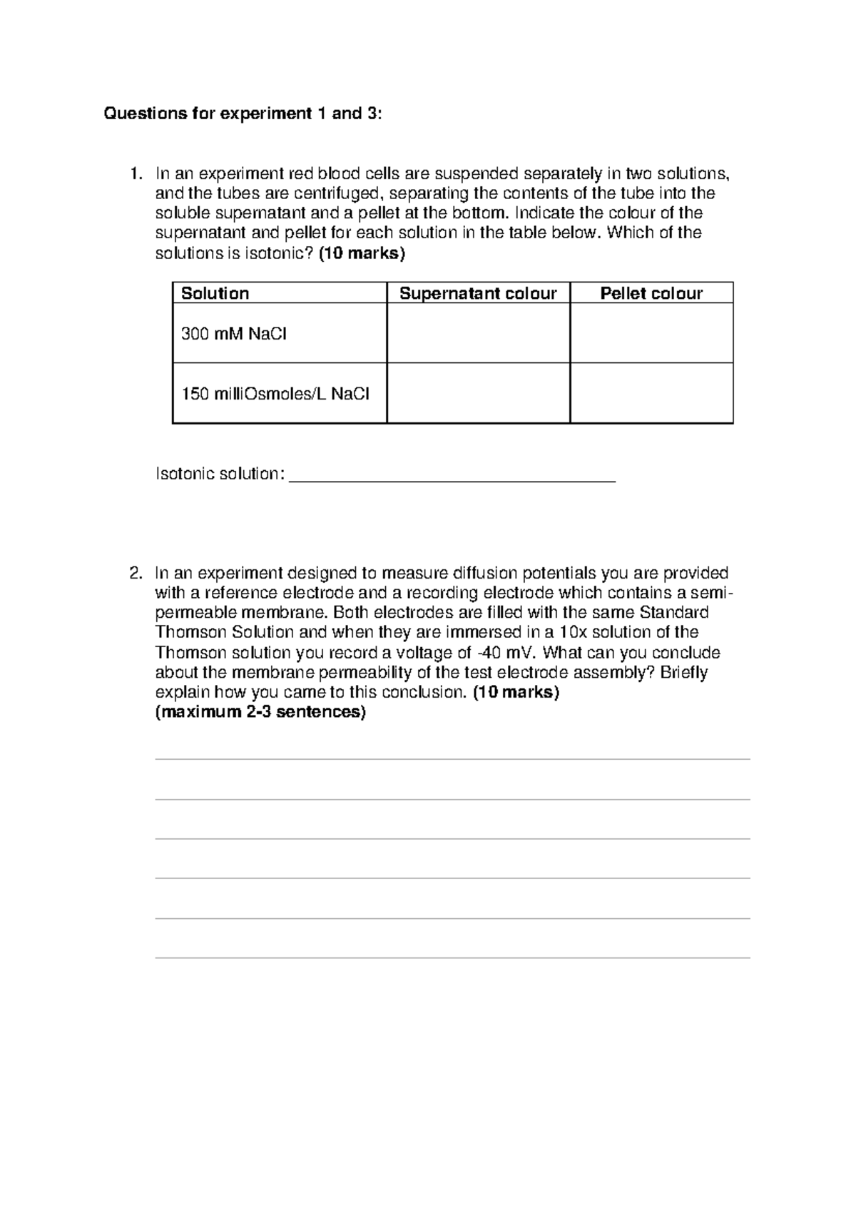 Postlab Questions for Experiments 1 & 3: Red Blood Cell Behavior - Studocu