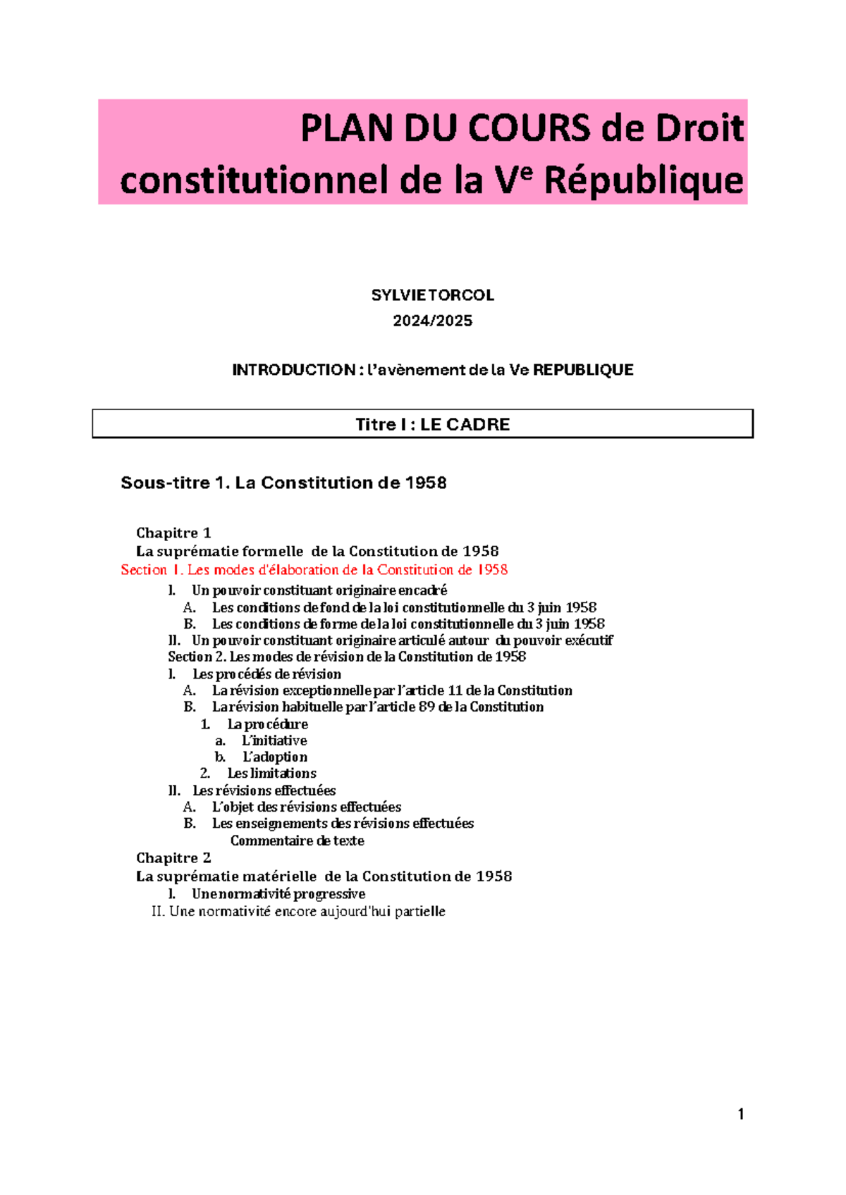 PLAN DU COURS de Droit Constitutionnel de la Ve République 2025 V2 ...