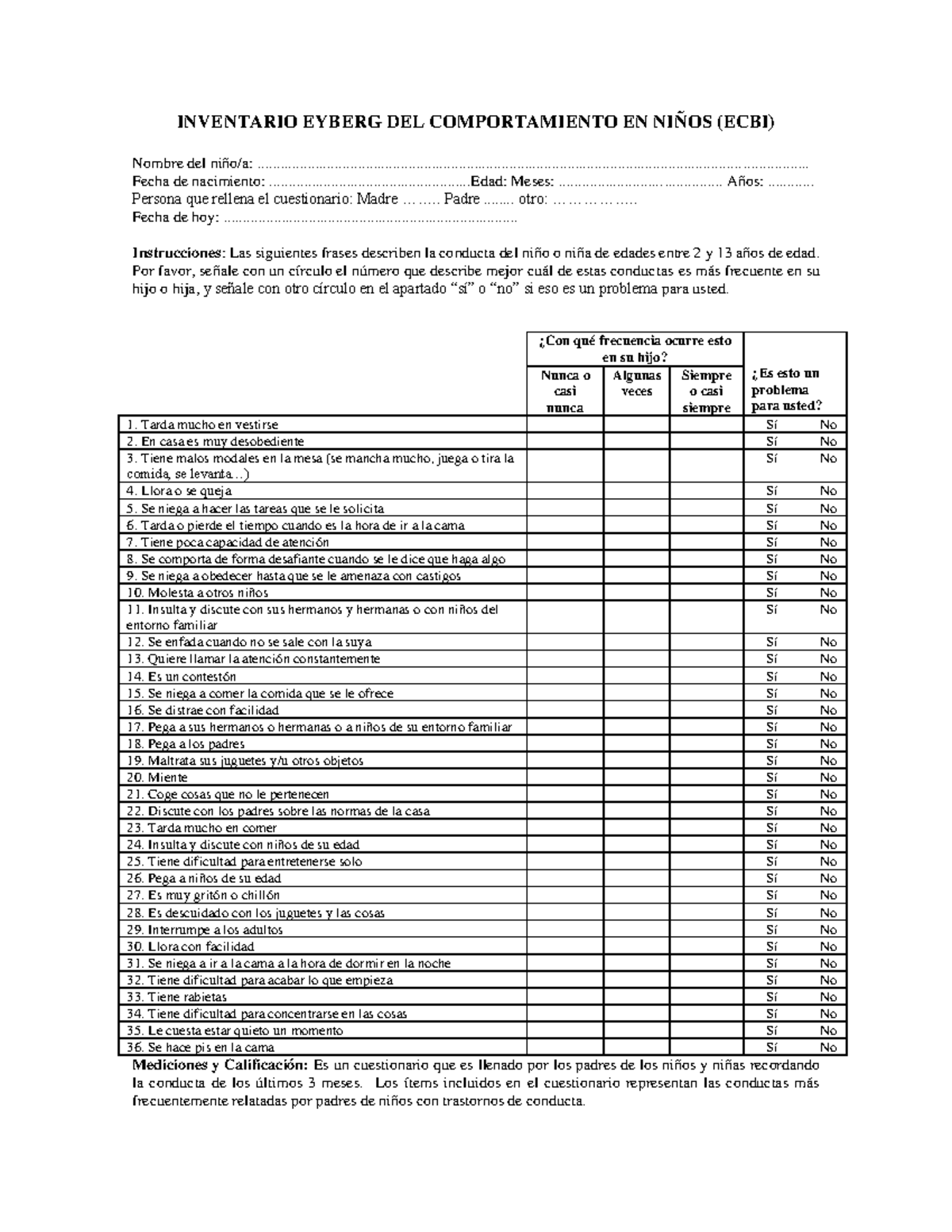 Inventario Eyberg del Comportamiento Infantil (ECBI) - Evaluación y ...