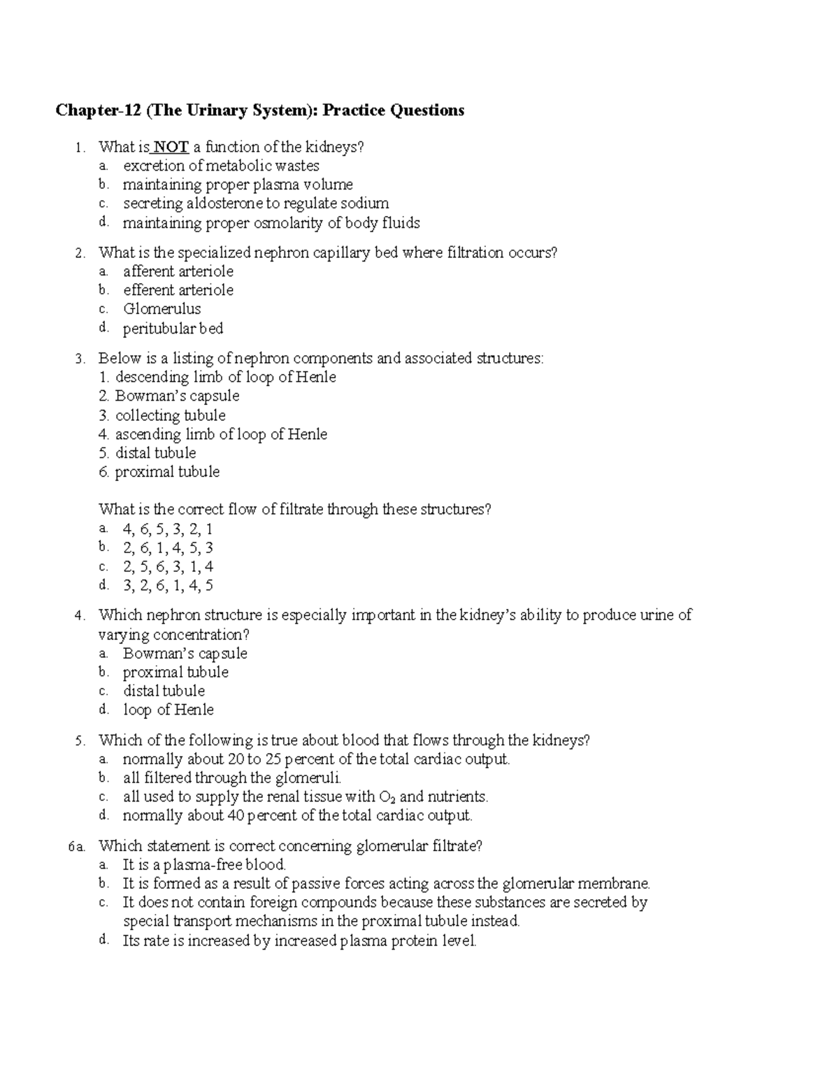 Practice questions - helpful - Chapter-12 (The Urinary System ...