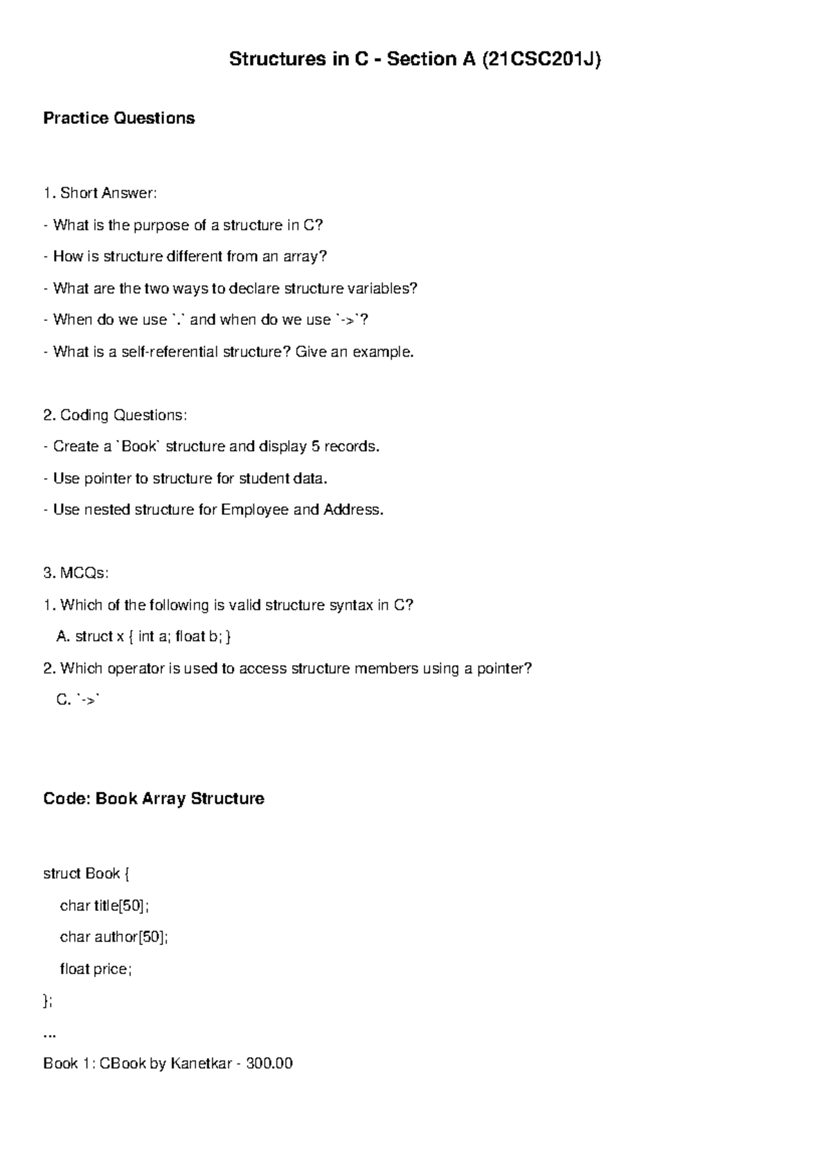 Structures in C Practice Questions (21CSC201J) - Studocu