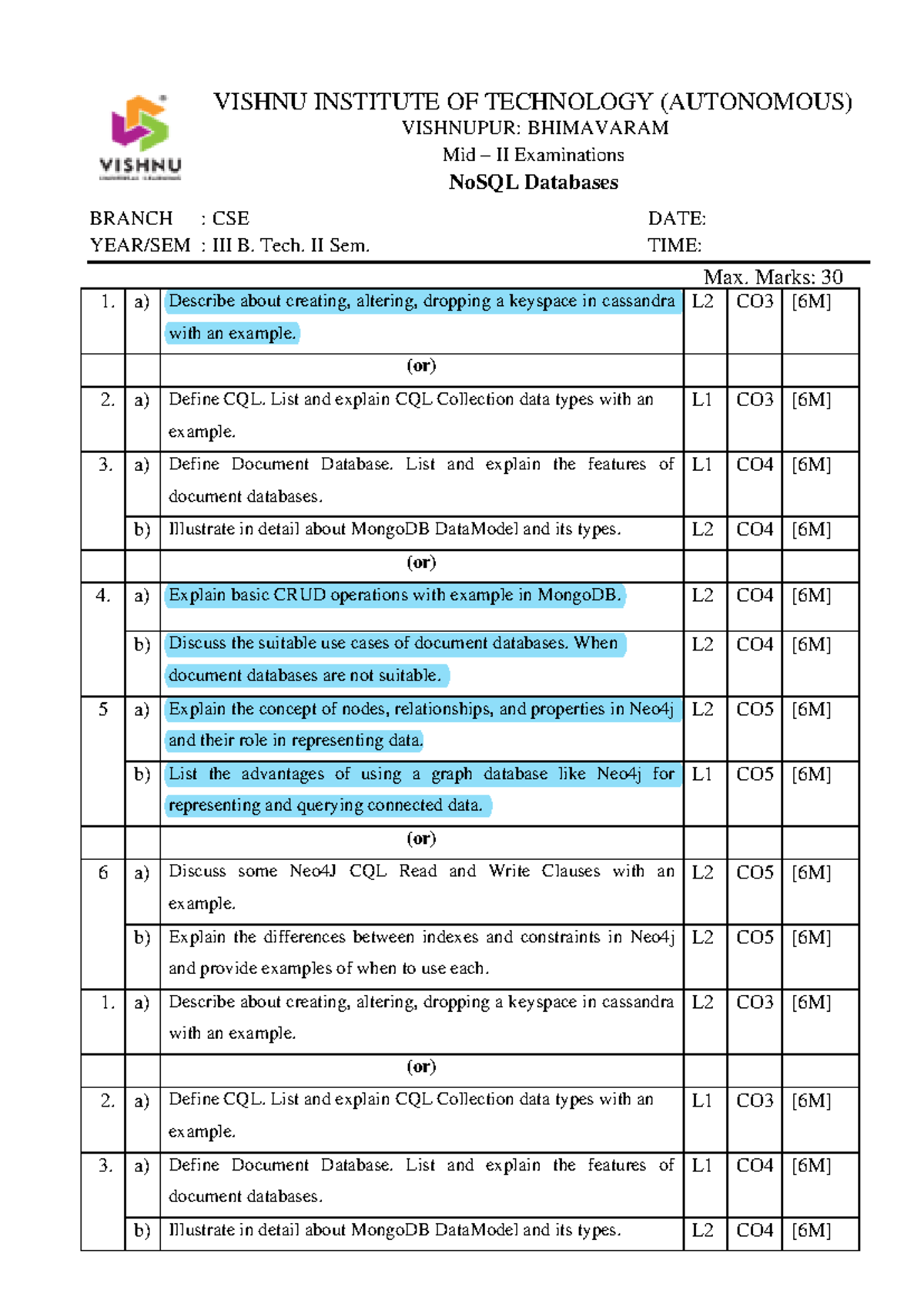 No SQL Mid 2 - Descriptive Question Paper - VISHNU INSTITUTE OF ...