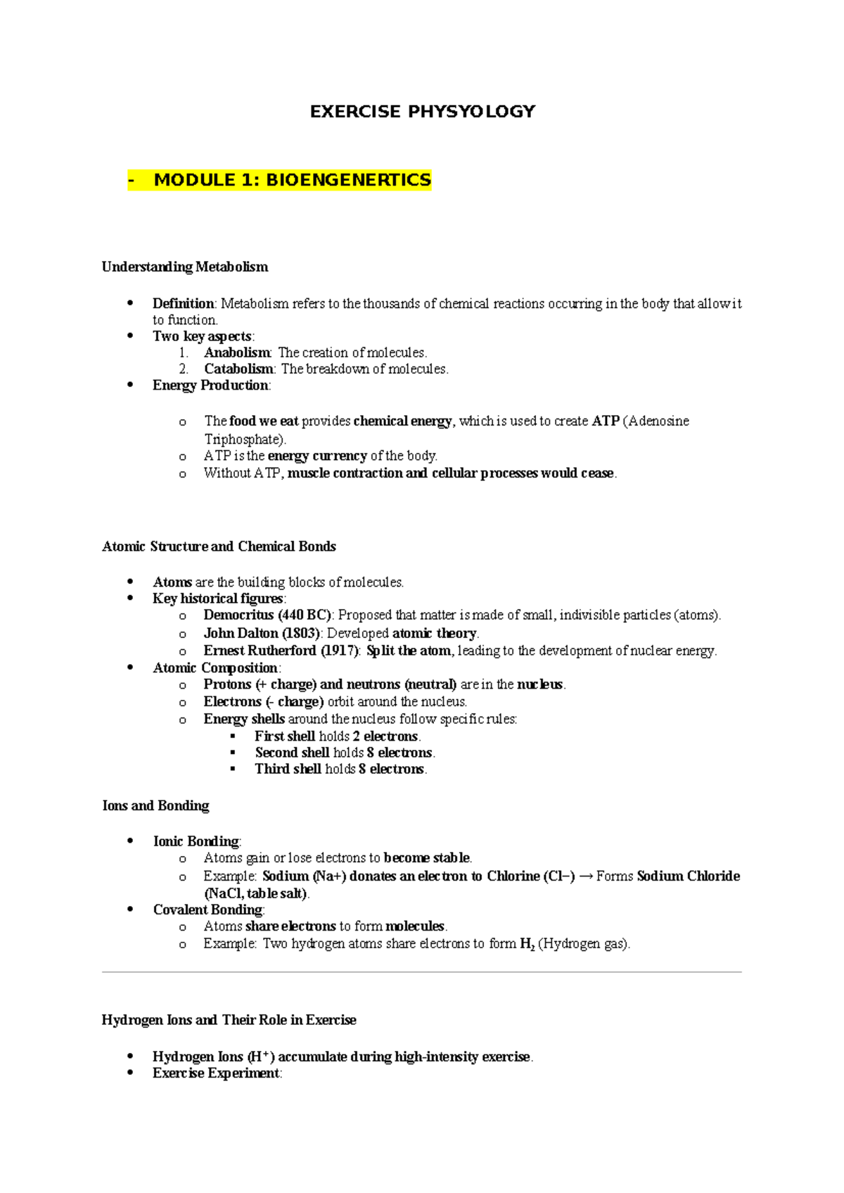 EXERCISE PHYSIOLOGY MODULE 1: BIOENERGETICS & METABOLISM OVERVIEW - Studocu
