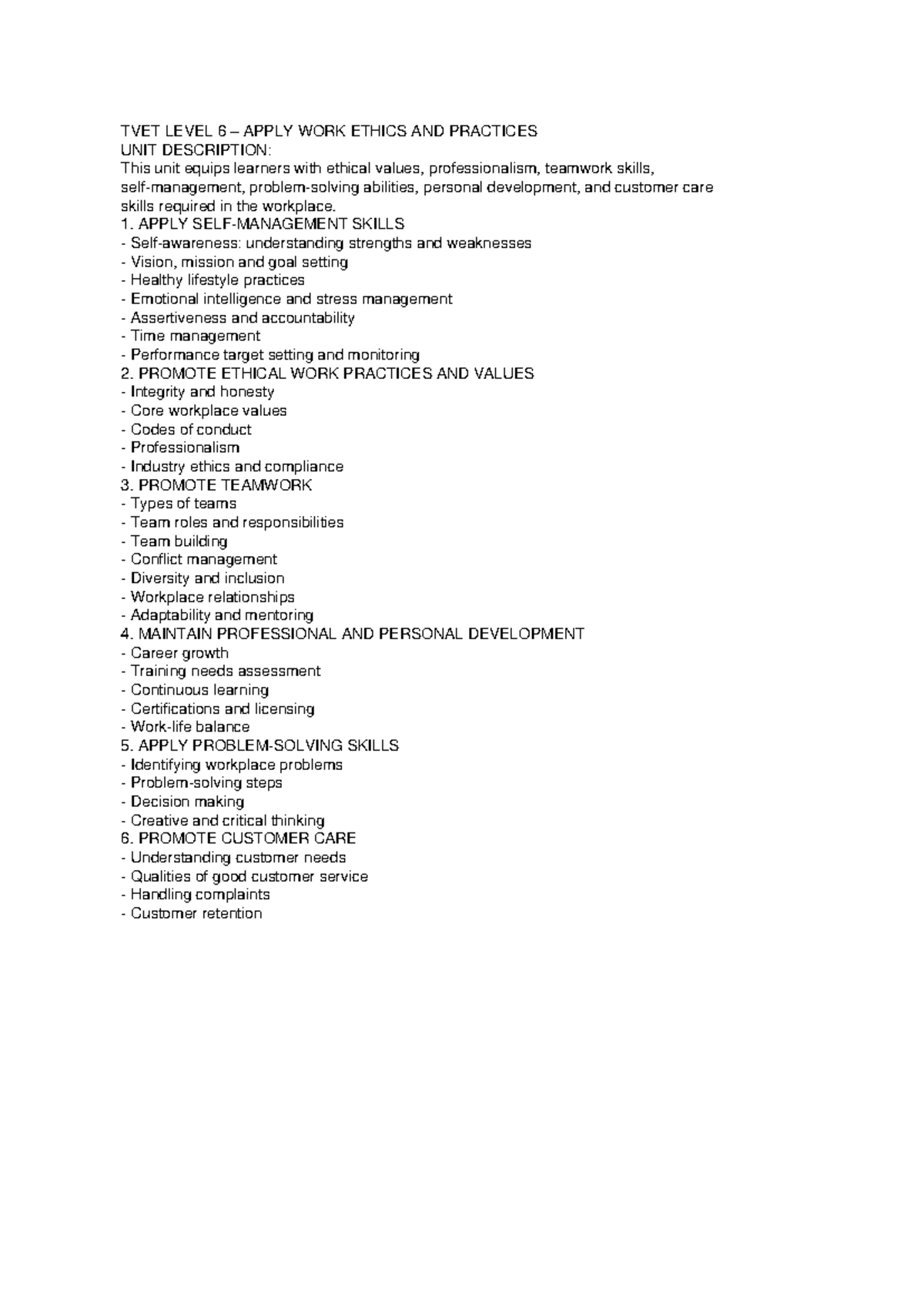 TVET Level 6 Work Ethics & Practices Study Notes - Studocu