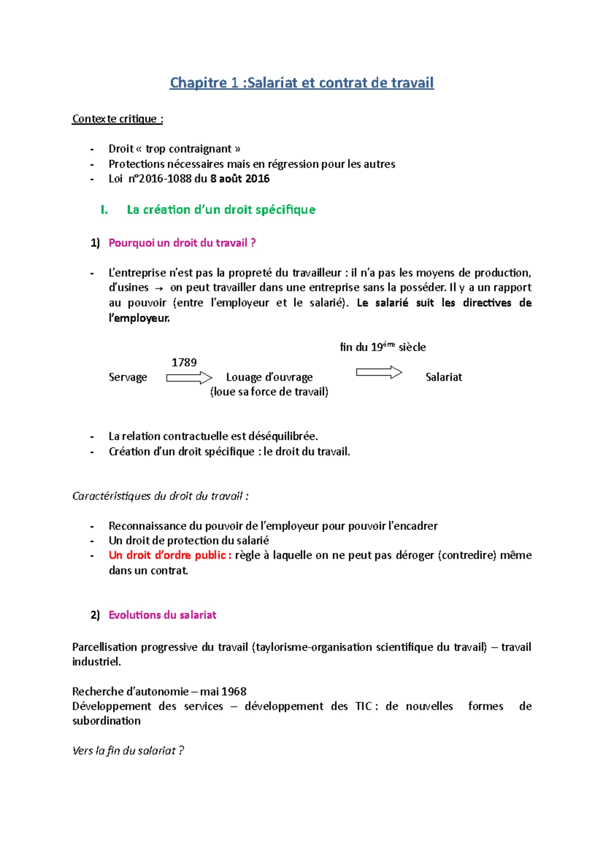 Cours de Droit du Travail : Concepts Fondamentaux et Évolutions - Studocu