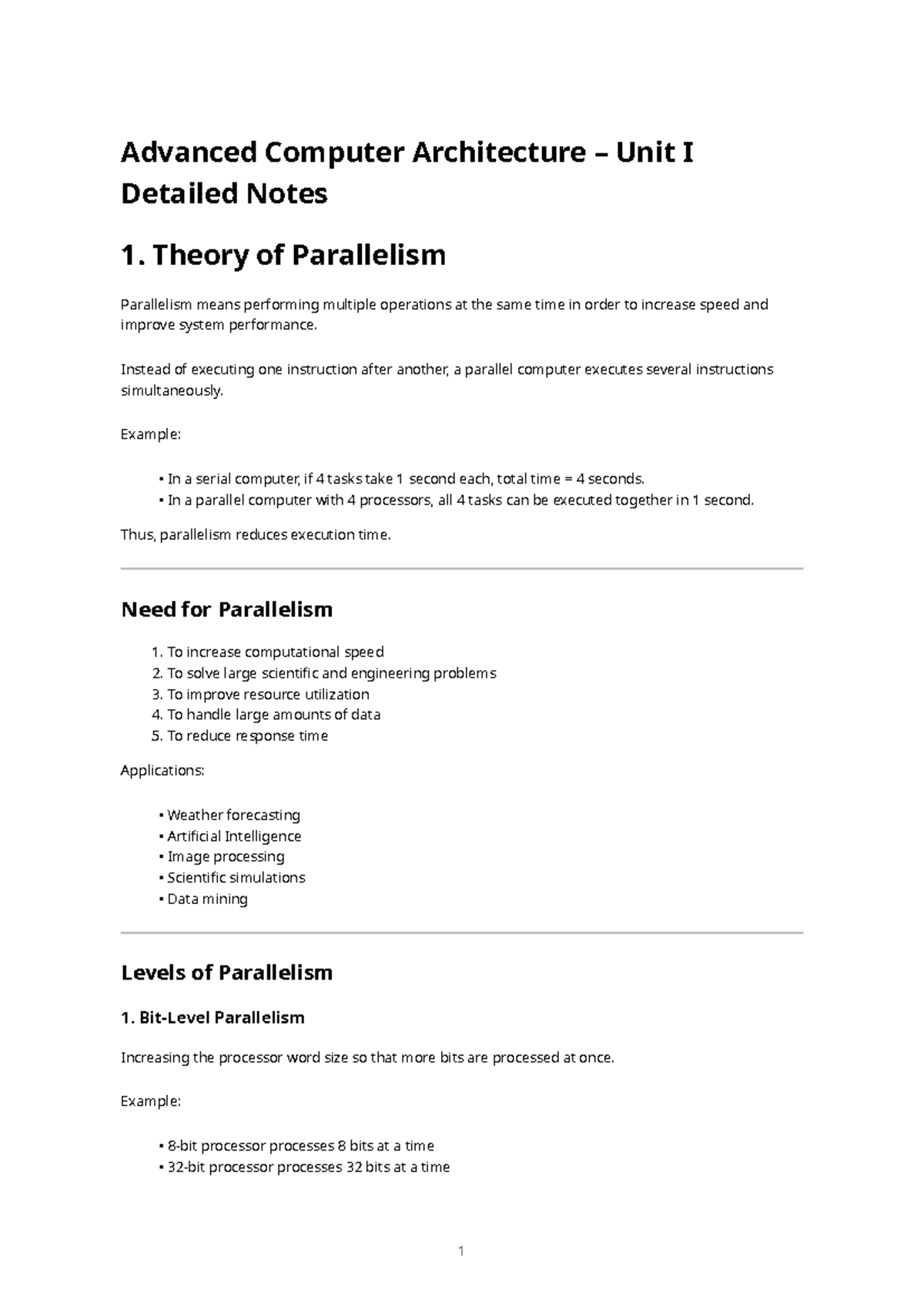 Advanced Computer Architecture (Unit I) Parallel Processing Notes - Studocu