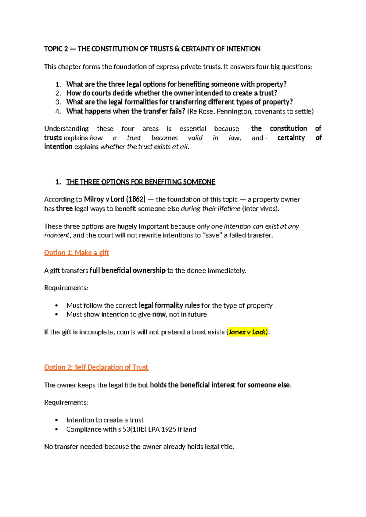 Topic 2: The Constitution of Trusts - Certainty of Intention - Studocu