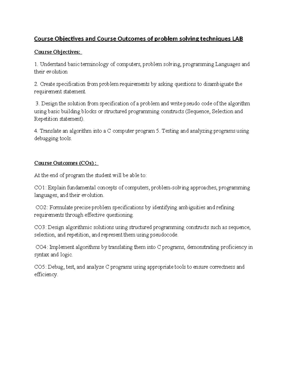 Problem Solving Techniques LAB: Course Objectives & Outcomes - Studocu