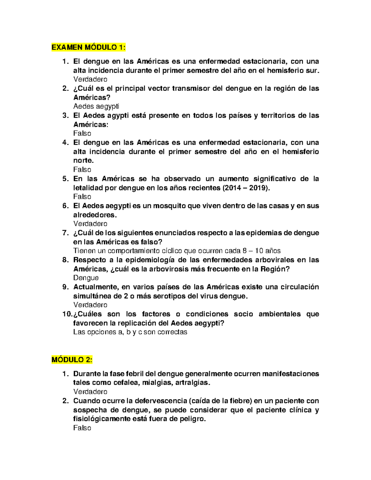 Examen Módulo 1-7 sobre Dengue - Curso de Salud Pública - Document Preview