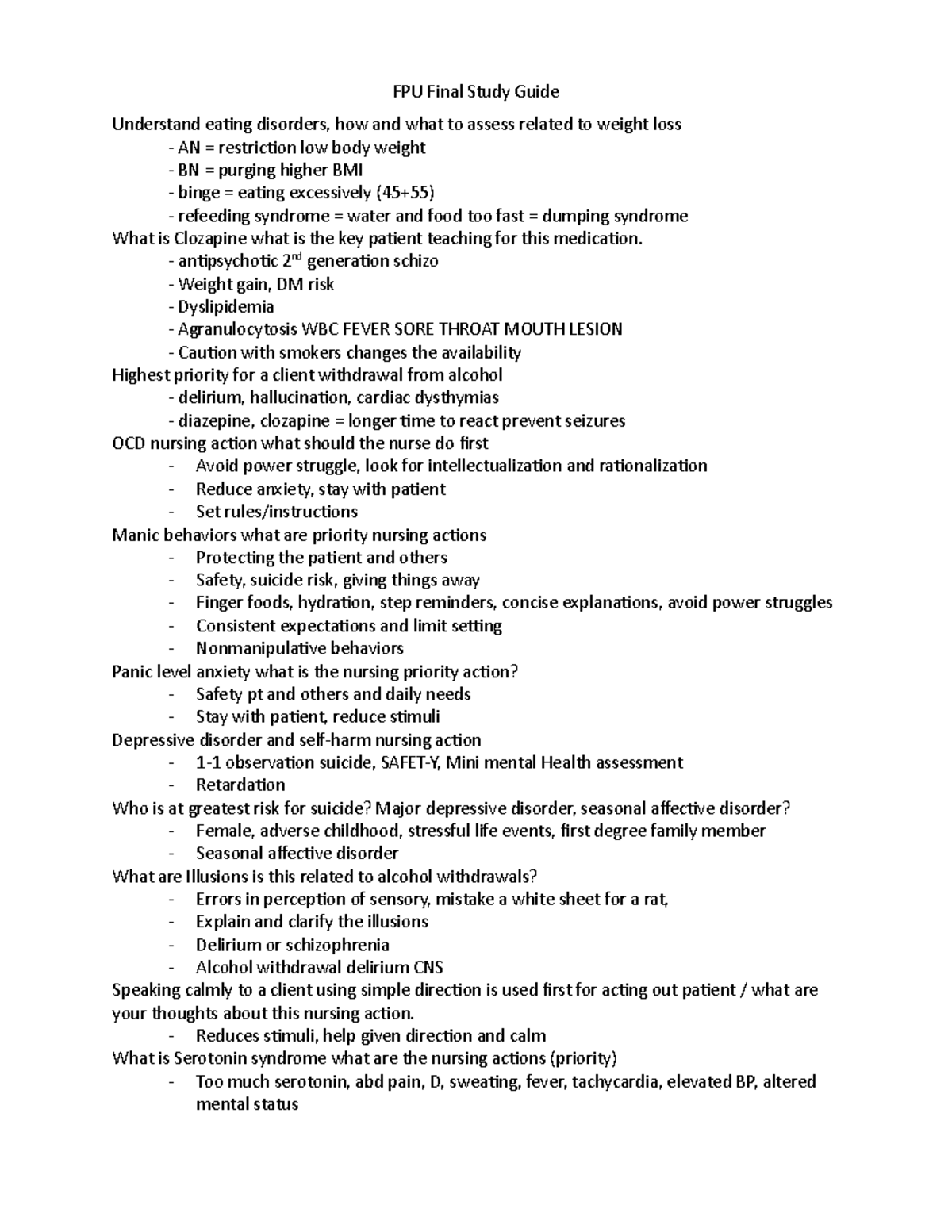 FPU Final Exam Review 2022: Key Concepts in Psychiatric Nursing - Studocu