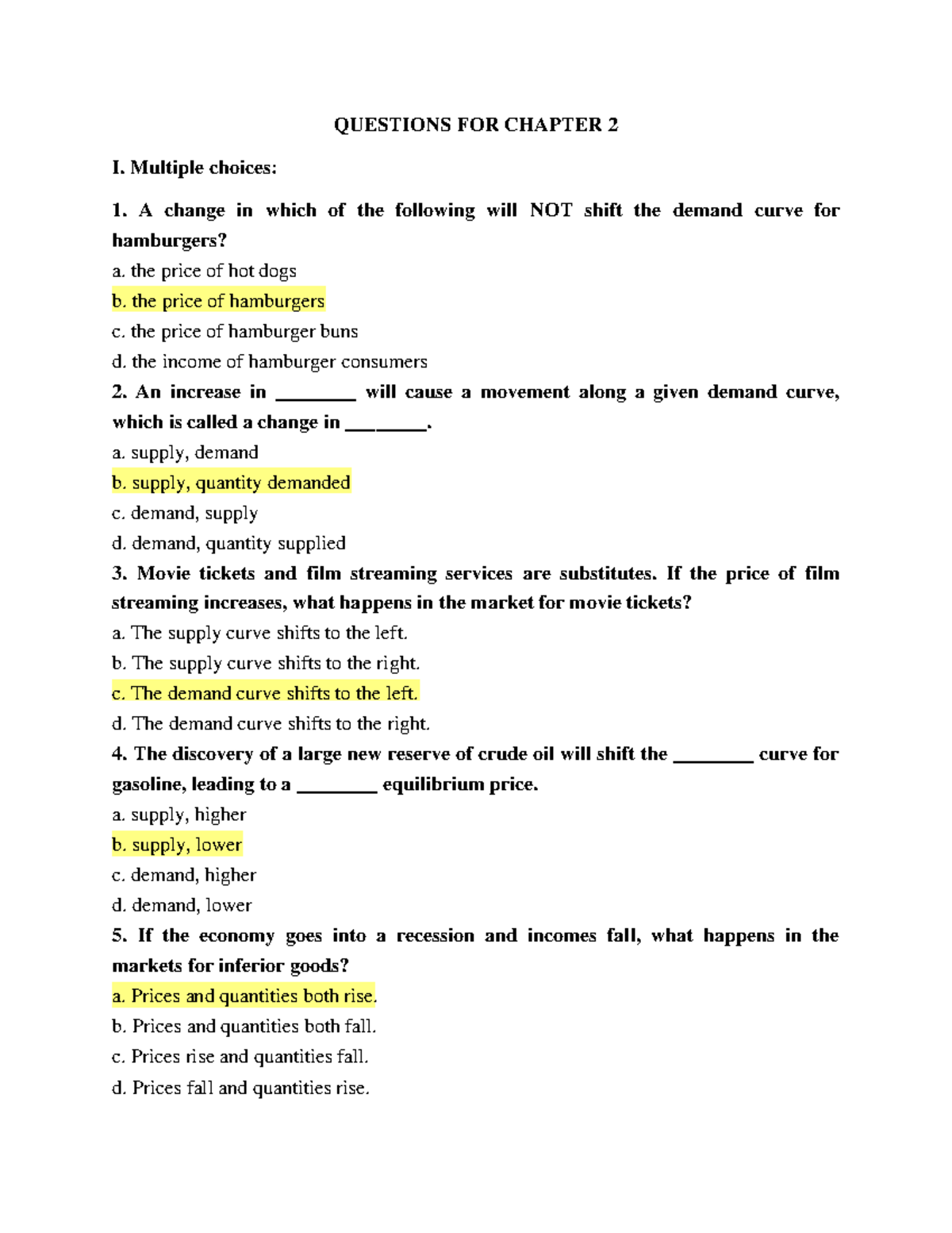 Questions for Chapter 2: Demand and Supply Analysis (ECO 101) - Studocu