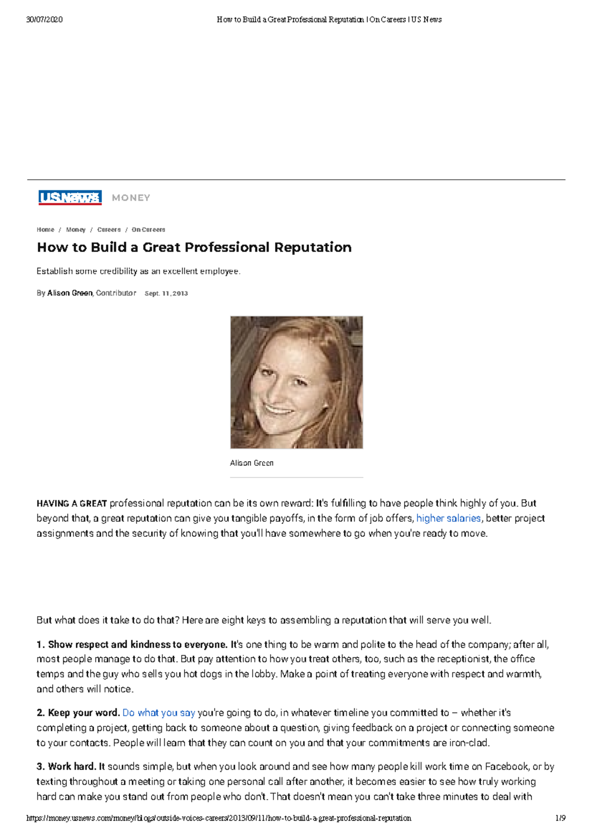 How to Build a Great Professional Reputation On Careers US News - - Studocu