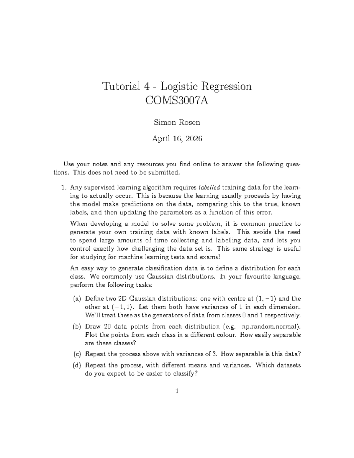ML Tutorial 4: Logistic Regression Insights COMS3007A - Studocu