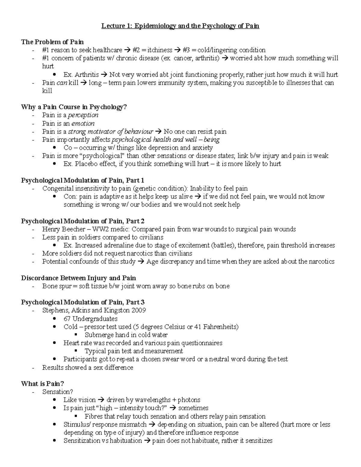 Epidemiology & Psychology of Pain: Lecture 1 Notes - Studocu