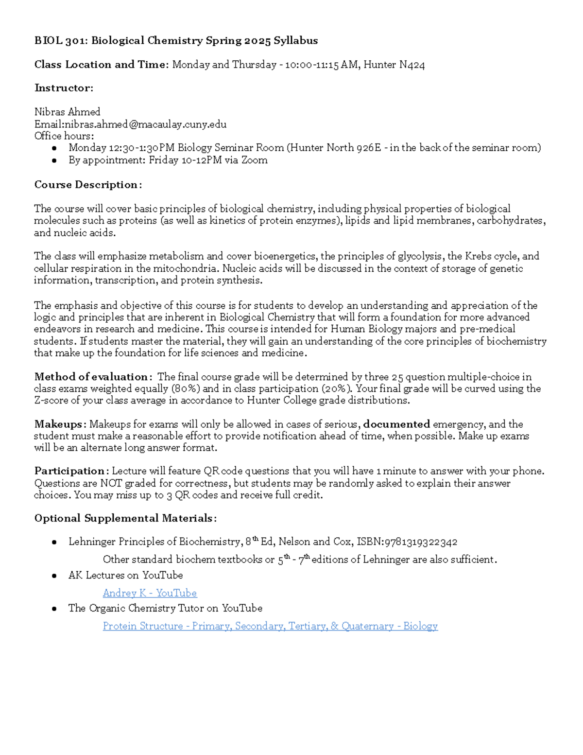 BIOL 301 Spring 2025 Syllabus: Biological Chemistry Overview - Studocu