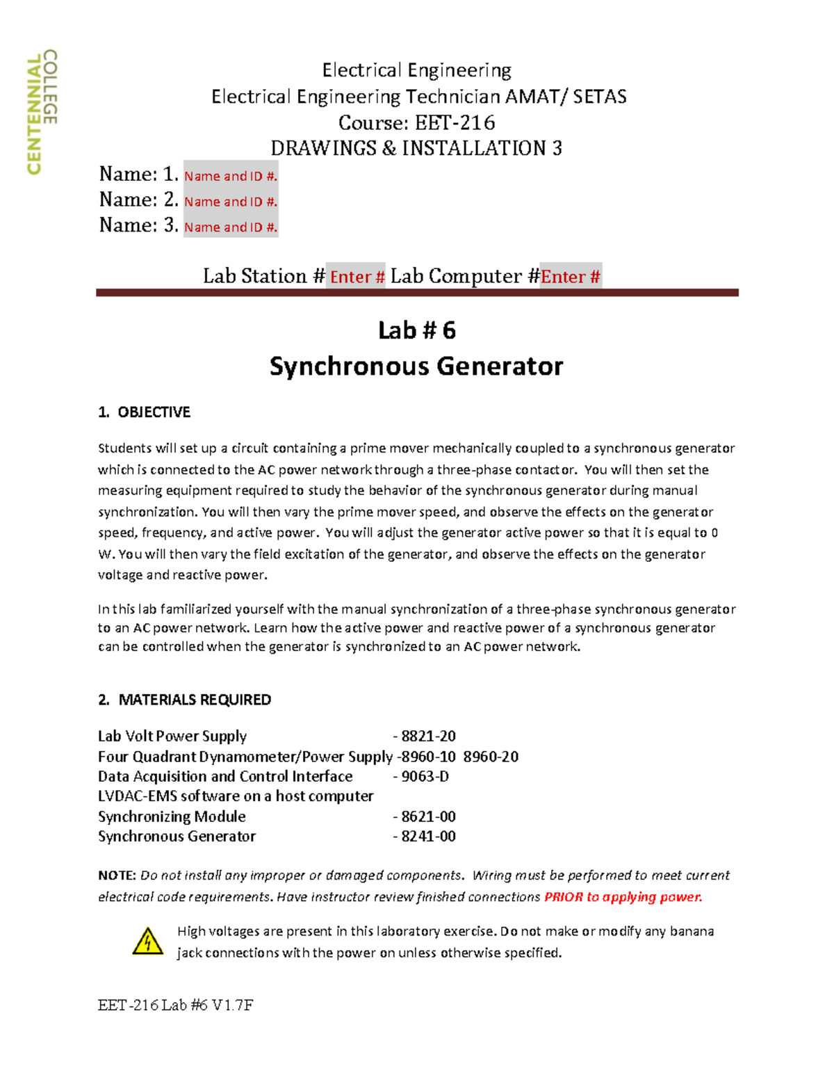 EET-216 Lab #6: Synchronous Generator Setup & Synchronization - Studocu