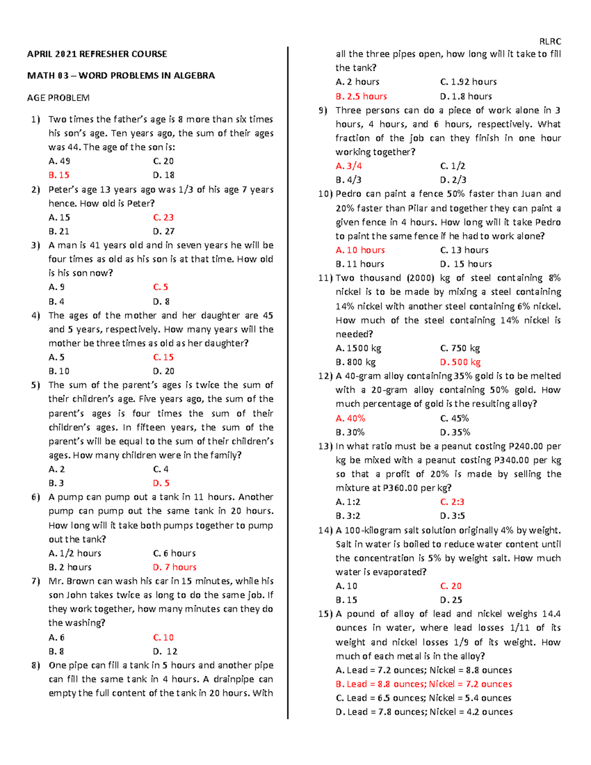 Math 03 - Algebra Problem Set with Solutions for April 2021 - Studocu