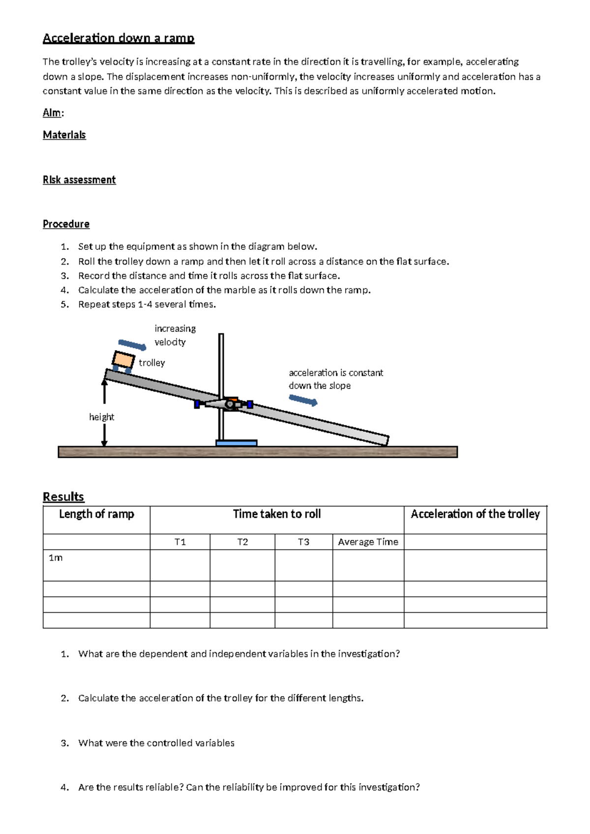 Constant Acceleration Down a Ramp - Practical Study - Studocu