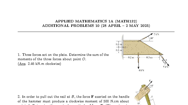 APPLIED MATHEMATICS 1A (MATH132) TUTORIAL 10 PROBLEMS - Studocu