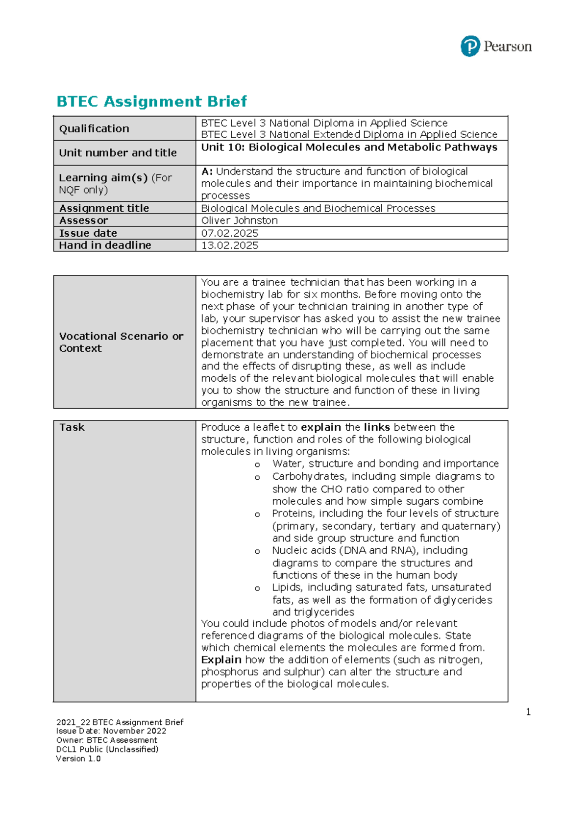 BTEC Level 3 Unit 10A Assignment: Biological Molecules & Metabolic ...
