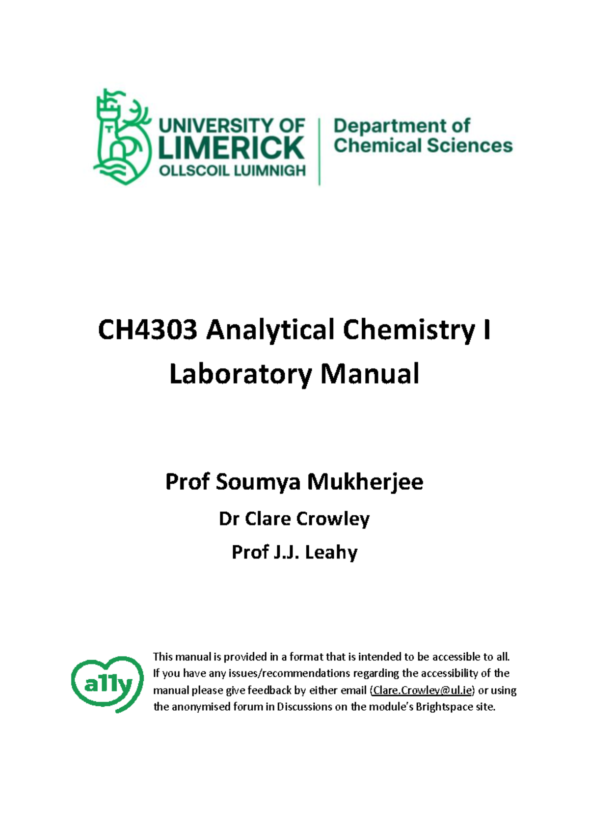 CH4303 Analytical Chemistry I Lab Manual: Accessible Version 2025 - Studocu