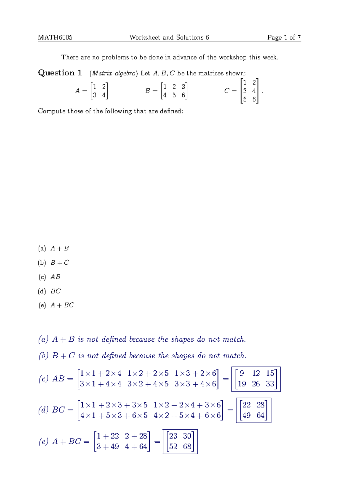 MATH6005 Worksheet & Solutions: Matrix Algebra & Linear Systems - Studocu