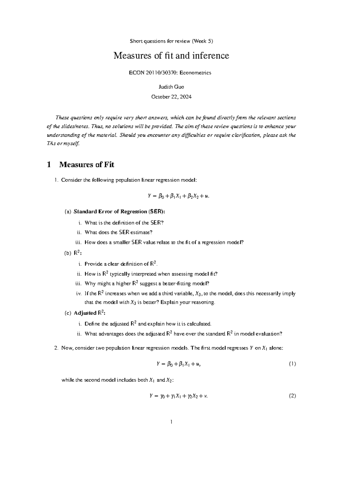 ECON 20110/30370: Week 5 Review Questions on Fit & Inference - Studocu