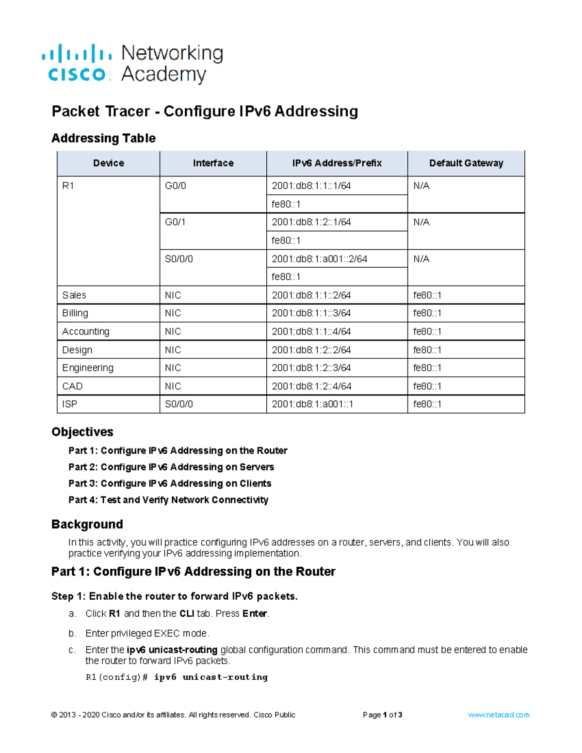 12.6.6 Packet Tracer - Configure IPv6 Addressing - 2013 - 2020 Cisco ...