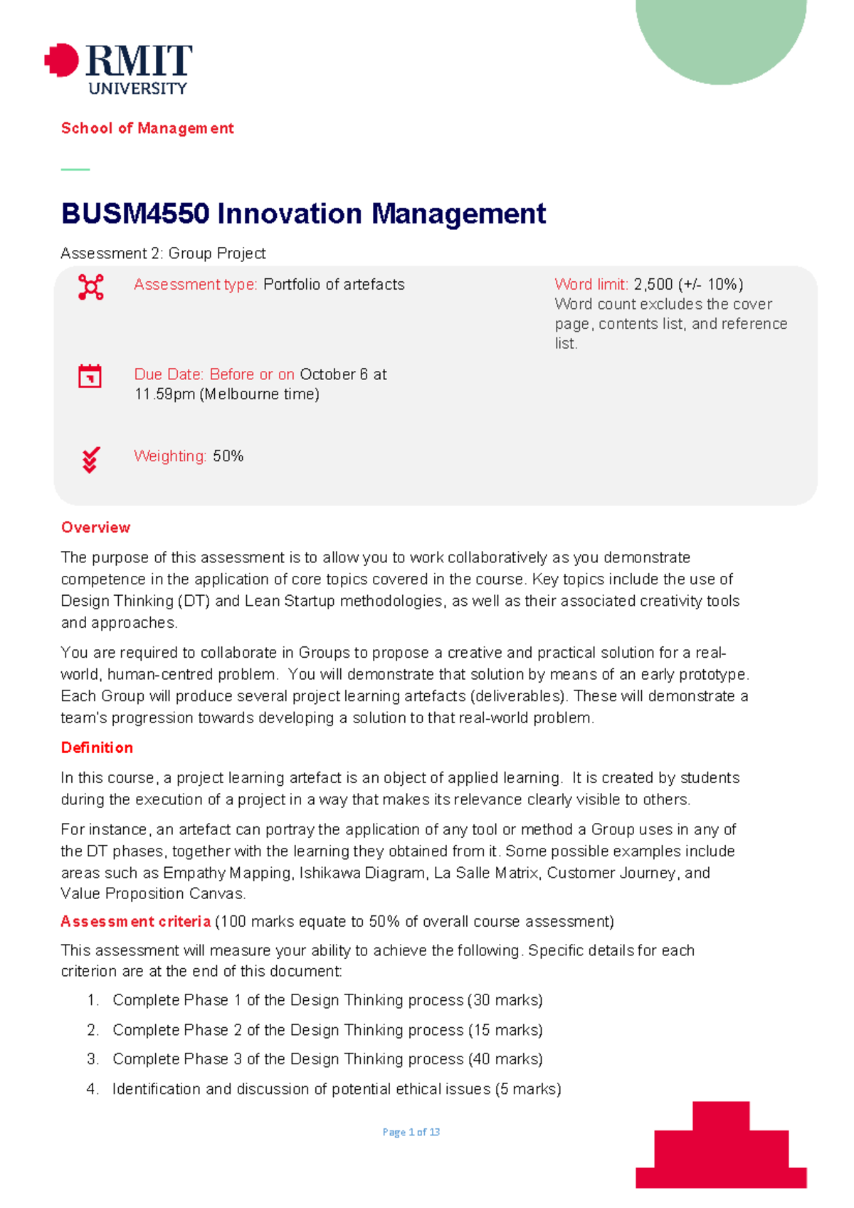 BUSM4550 Assessment Task 2-2 - School of Management — BUSM4550 ...