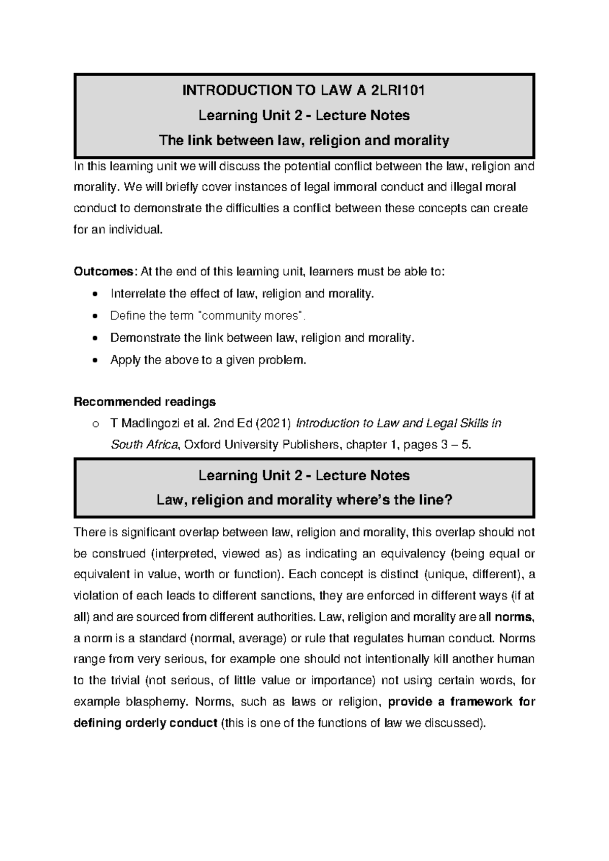 LAW A 2LRI: Learning Unit 2 - Lecture Notes on Law, Morality & Religion ...