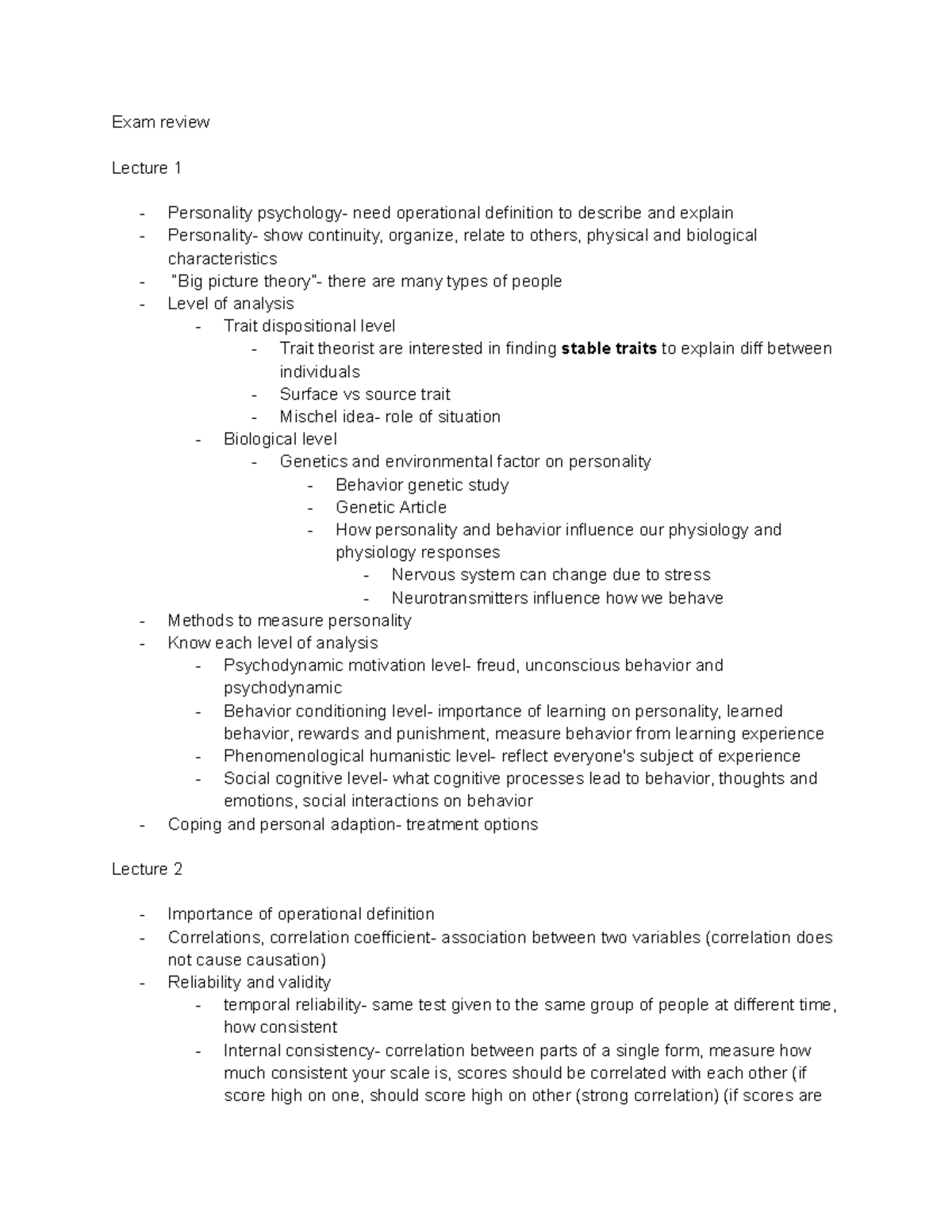 PSY 101 Exam Review: Personality Theories & Measurement Methods - Studocu