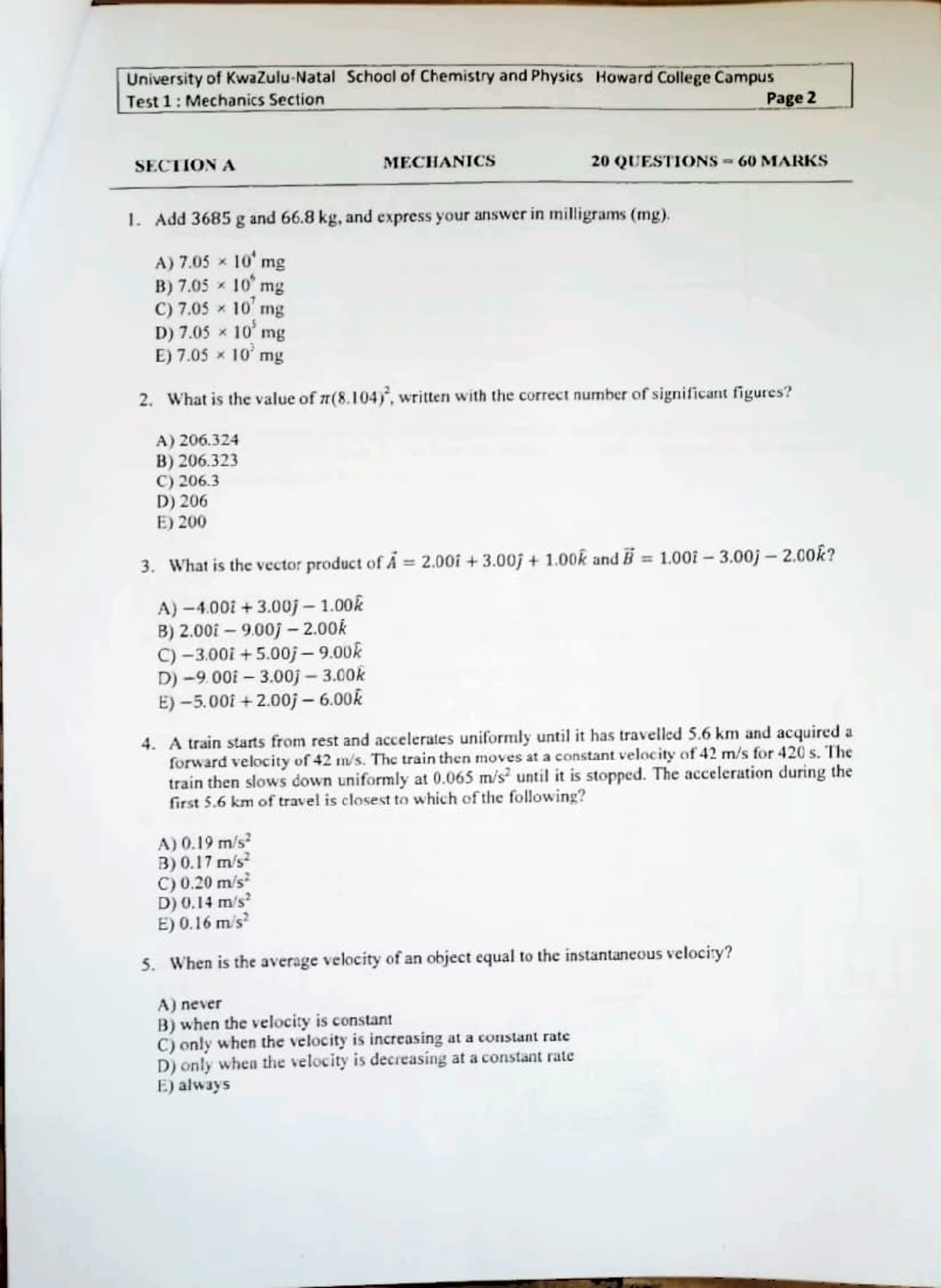 Physics 151 test 1 - Un iver si ty of KwaZulu -Natal School of ...