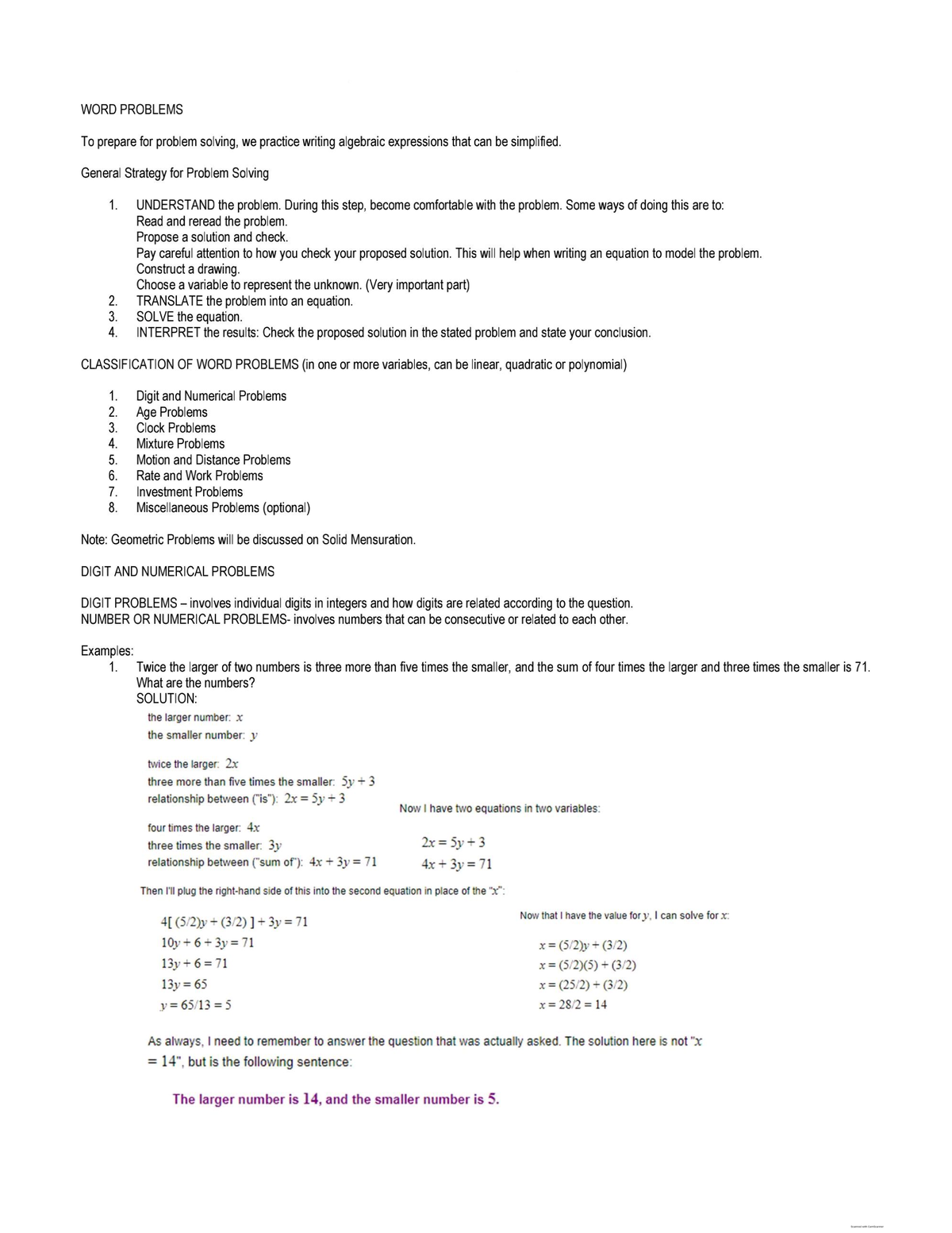 Algebra Word Problems: Lecture Notes for Session 12 - Studocu