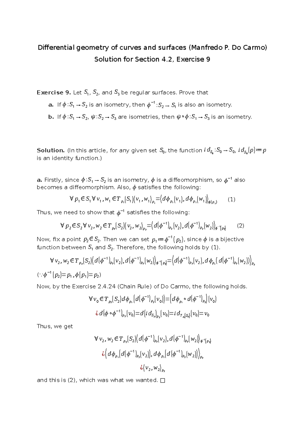 Differential Geometry of Curves and Surfaces: Exercise 9 Solution (Sec ...